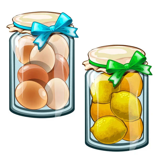Τράπεζες με κονσέρβες τα λεμόνια και τα αυγά. Αρχική συγκομιδής με ύφασμα καπάκια και τόξα. Διάνυσμα τροφίμων. Απεικόνιση σε στυλ καρτούν που απομονώνονται σε λευκό φόντο — Διανυσματικό Αρχείο