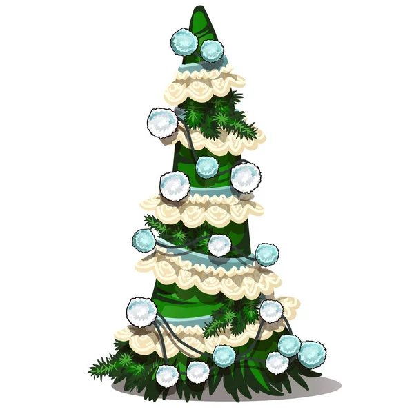 Arbre de Noël vert avec décoration fantaisie en tissu et pompon. Symbole vacances. Illustration vectorielle isolée sur fond blanc — Image vectorielle