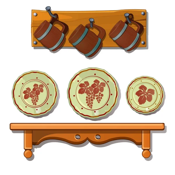 Set de platos viejos y tazas en estantes. Platos de época colgados en las paredes. Utensilios de cocina, concepto de vajilla. Ilustración vectorial en estilo de dibujos animados aislados sobre fondo blanco — Vector de stock