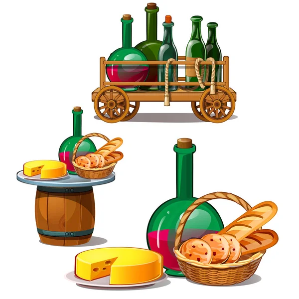 Conjunto de botellas de vino, queso, pan,. Deliciosa comida en barril, en carro de madera y canasta de mimbre. Ilustración vectorial en estilo de dibujos animados aislados sobre fondo blanco — Vector de stock