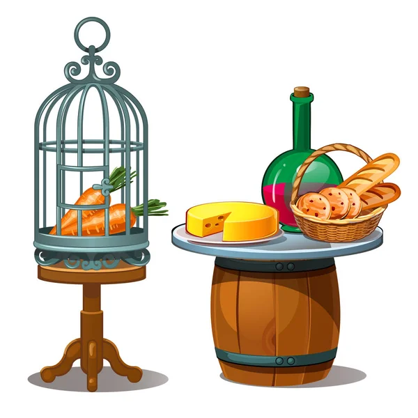 Carottes en cage et vin, pain et fromage. Nourriture sur la table et un tonneau en bois. Illustration vectorielle en style dessin animé isolé sur fond blanc — Image vectorielle