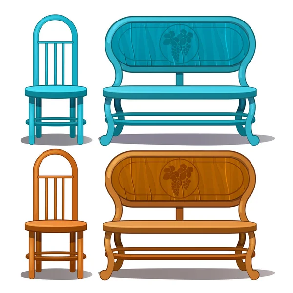Ensemble de chaises et bancs, de couleur bleue et marron. Collection de meubles anciens en bois. Éléments de décoration intérieure. Illustration vectorielle en style dessin animé isolé sur fond blanc — Image vectorielle