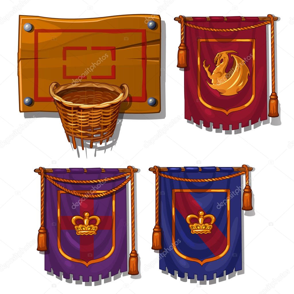 Wicker basket ball, flags with symbols. Sports item for ball games and royal standards. Vector Illustration in cartoon style isolated on white background