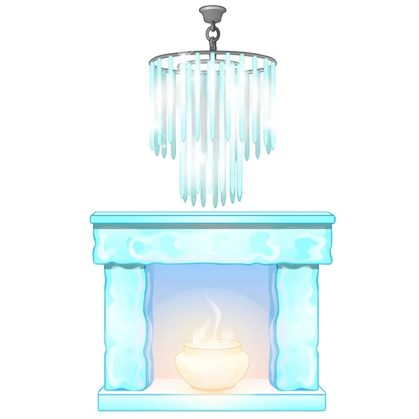 Lampadario e camino con fiamma di ghiaccio. Elementi decorativi congelati interni. Illustrazione vettoriale in stile cartone animato isolato su sfondo bianco — Vettoriale Stock