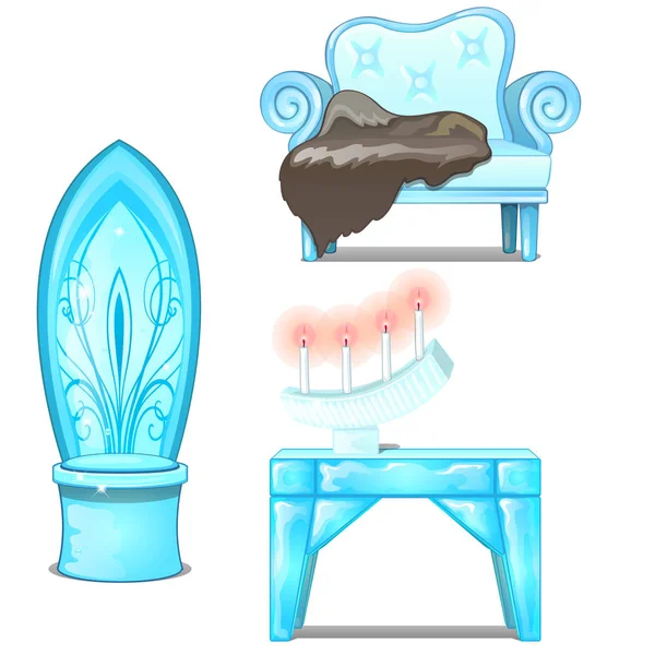 Eissofa mit Haut, Tisch und Stuhl. elegante gefrorene Möbel mit Kandelaber und Kerzen. dekorative gefrorene Innenelemente. Vektor-Illustration im Cartoon-Stil isoliert auf weißem Hintergrund — Stockvektor