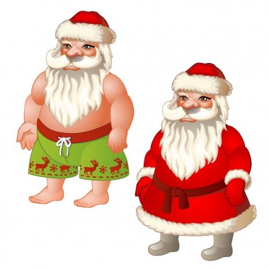 İki Noel Baba kılığında ve iç çamaşırı şekil. Noel bebeği. Tatil sembolü. Beyaz arka plan üzerinde izole vektör çizim.