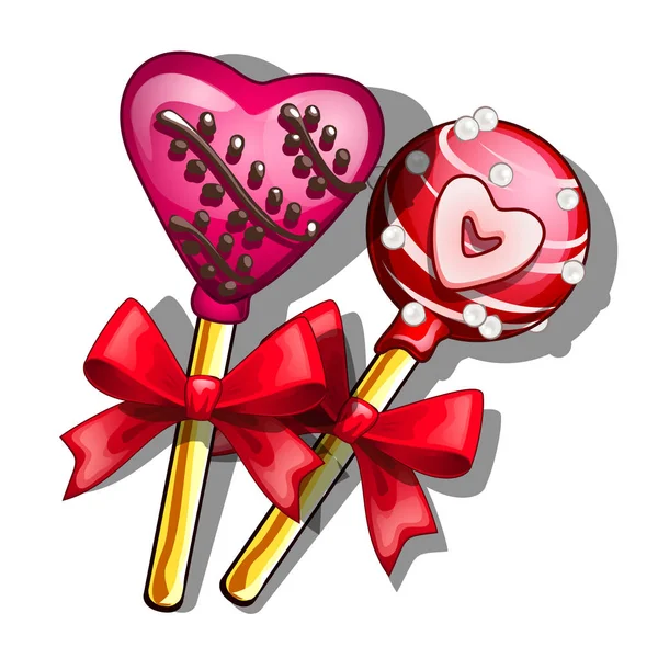 Lollies op stick met hart. Snoepjes voor Valentijnsdag, romantisch symbool. Vectorillustratie in cartoon stijl geïsoleerd op witte achtergrond — Stockvector