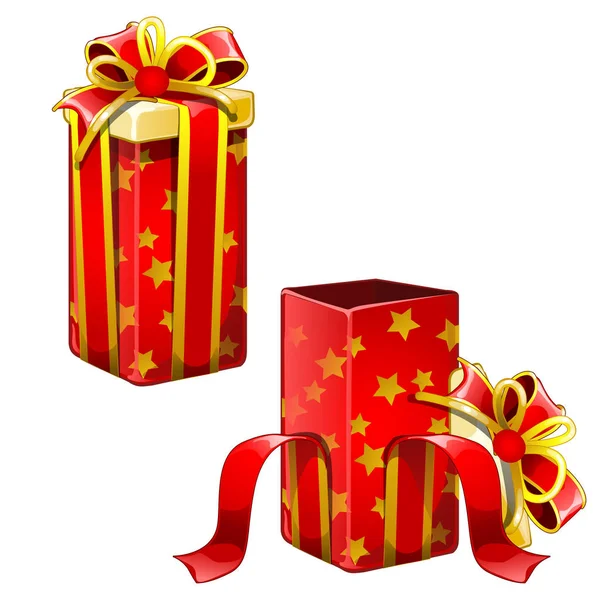 Due scatole regalo rosse, aperte e chiuse. Natale, Capodanno, compleanno, concetto di sorpresa. Illustrazione vettoriale in stile cartone animato isolato su sfondo bianco — Vettoriale Stock