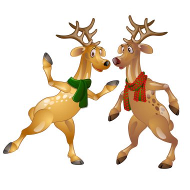 Figures of dancing Christmas deer in scarves. Funny cartoon animal in expressive character. Vector isolated on white background clipart