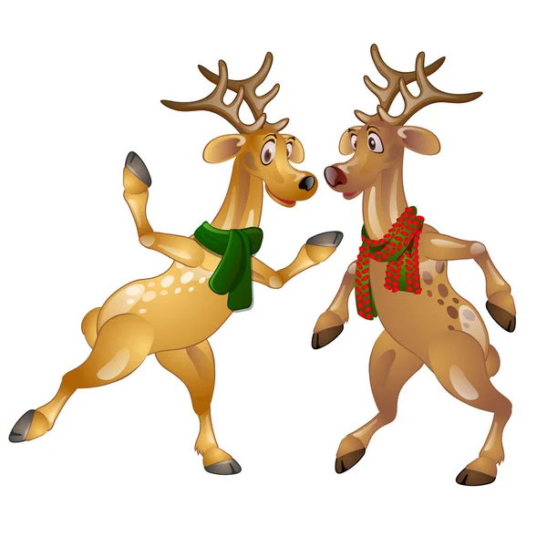 Figures of dancing Christmas deer in scarves. Funny cartoon animal in expressive character. Vector isolated on white background — Stock Vector