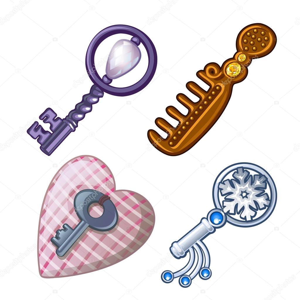 Keys, combs and pads for needles, cartoon, isolated. Decorative and useful elements for household. Vector Illustration in cartoon style isolated on white background