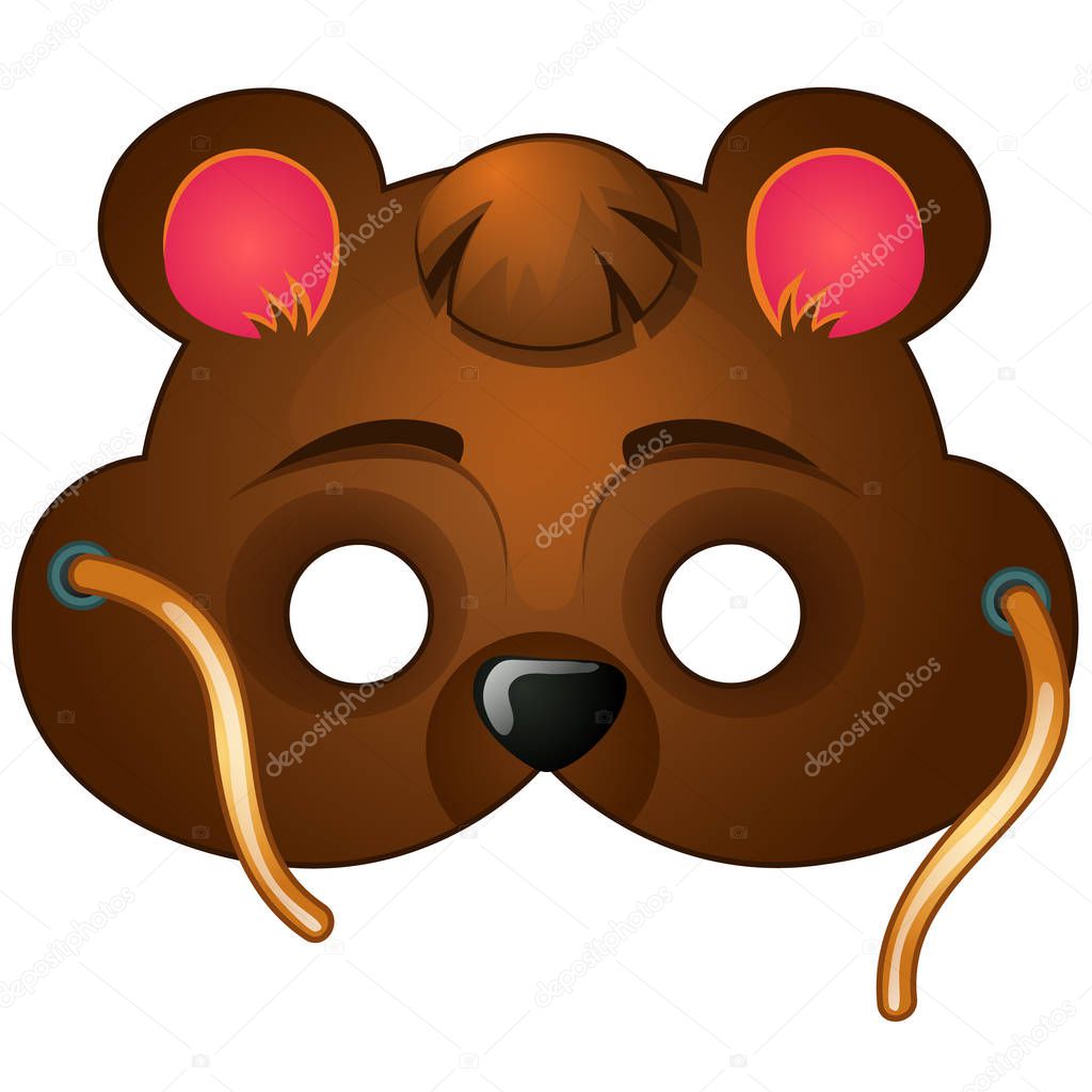 Scenic bear mask with strings drawn in cartoon style. Carnival and masquerade accessories for children and adults. Vector illustration isolated on white background