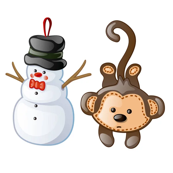 Vánoční hračky jako figurka sněhulák a opice. Vánoční hračky pro sváteční náladu a veselé vánoční oslavy. Vektorové ilustrace v kreslený styl na bílém pozadí. Obrázek, samostatný — Stockový vektor