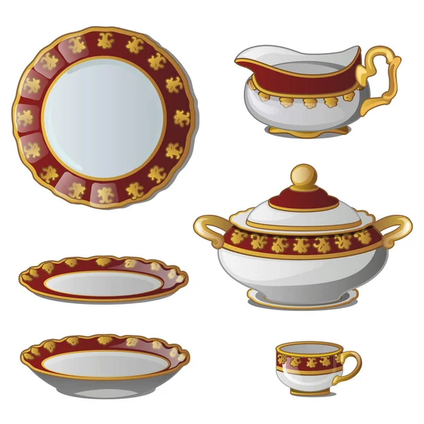 Древний декоративный набор посуды. Коллекция тарелок, сухарей, чашек и кувшин для сливок. Векторная иллюстрация на белом фоне — стоковый вектор