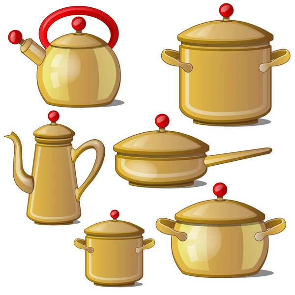 Ensemble moderne de plats. Collection de bouilloire, poêle, tasses et une cruche. Illustration vectorielle isolée sur fond blanc — Image vectorielle