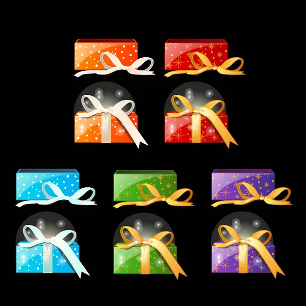 Collection of colored gift boxes with ribbons on black background. Image in cartoon style. Festive set of different packing. Vector illustration — Stock Vector