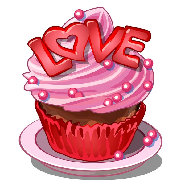 Rosa Kuchen auf Untertasse mit Sahne, Buchstaben Liebe — Stockvektor