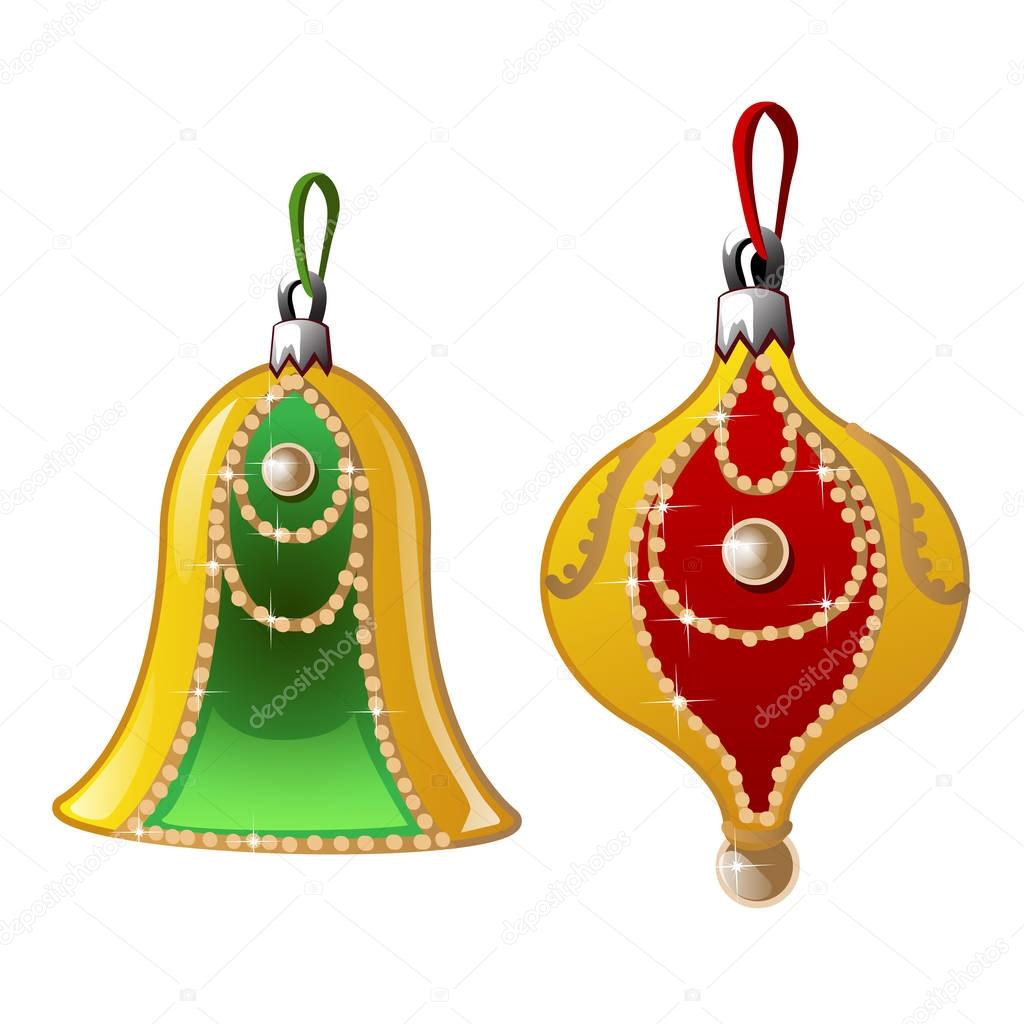 Elegant New Year decorations with pearls, bell and ball. Christmas toys for festive mood and merry x-mas celebrations. Vector illustration in cartoon style on white background. Image isolated