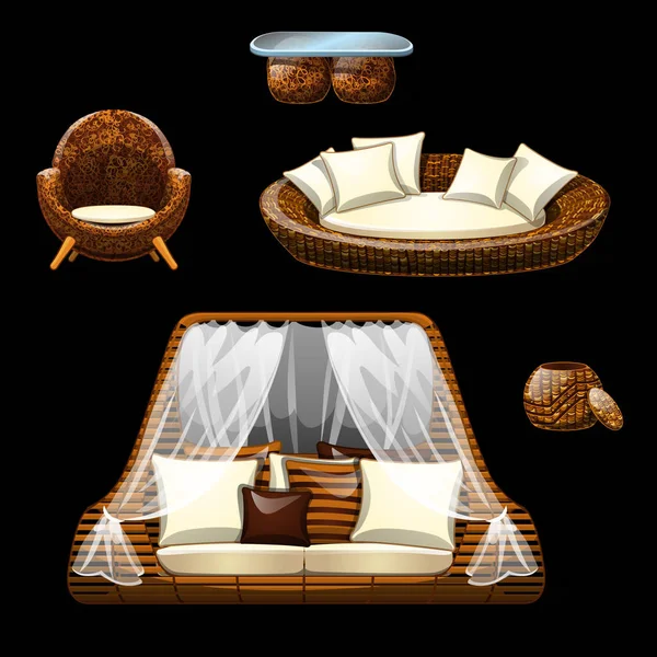 Set de muebles de mimbre sobre fondo negro. en dibujos animados. Colección de dos sofás originales, sillón, hojaldre y mesa. Ilustración vectorial del interior original — Archivo Imágenes Vectoriales