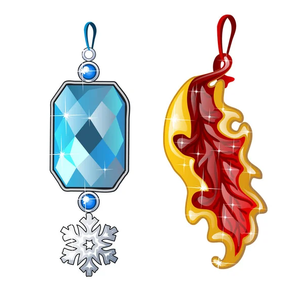 Dos preciosas joyas femeninas - colgante de plata con zafiro azul y copo de nieve y colgante en forma de hoja. Imagen en estilo de dibujos animados. Ilustración vectorial aislada sobre fondo blanco — Vector de stock