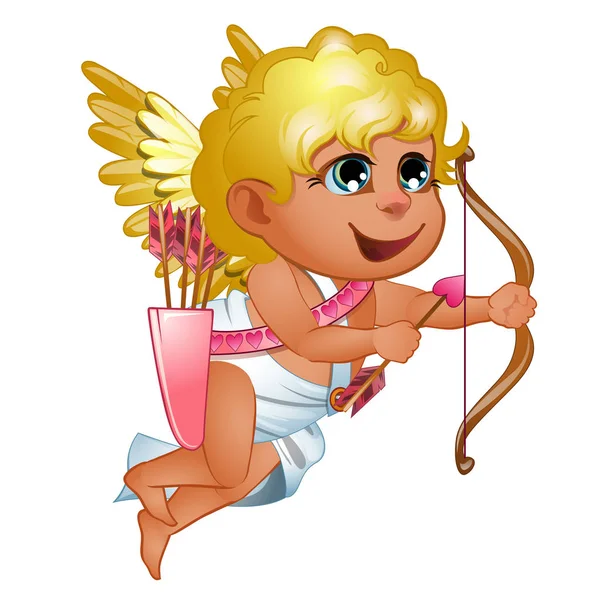 Niña Cupido en toga con alas doradas y pelo, con lazo rosa. Personaje de dibujos animados. Símbolo de amor volador. Ilustración vectorial aislada sobre fondo blanco — Archivo Imágenes Vectoriales