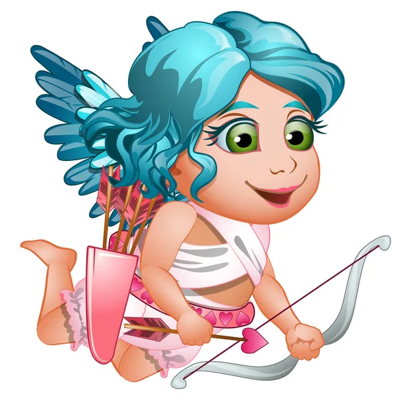 Niña Cupido en toga con alas azules y pelo, con lazo rosa. Personaje de dibujos animados. Símbolo de amor volador. Ilustración vectorial aislada sobre fondo blanco — Archivo Imágenes Vectoriales