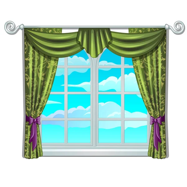 Ventana clásica y vista del cielo y las nubes. Vidrio antiguo en marco con cortinas verdes y arcos púrpura. Elementos del hogar. Imagen en estilo de dibujos animados. Ilustración vectorial aislada sobre fondo blanco — Vector de stock