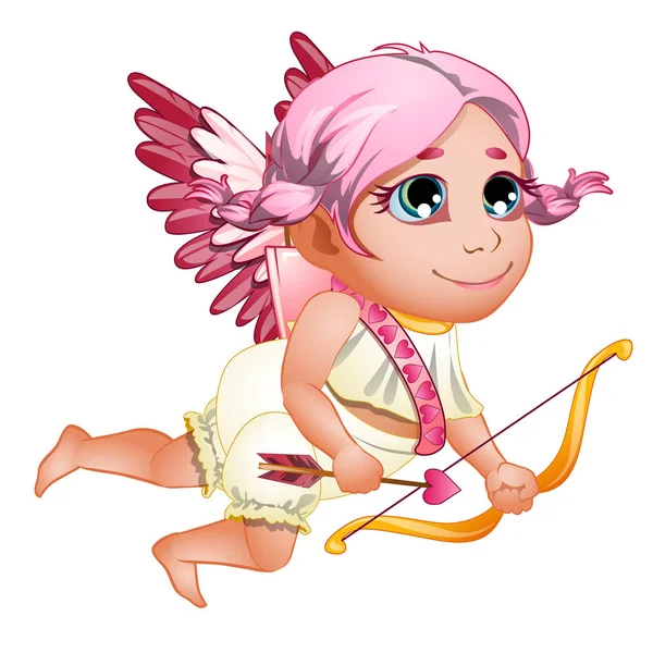 Petite fille Cupidon en toge avec des ailes roses et les cheveux, avec arc rose. Un personnage de bande dessinée. Symbole d'amour volant. Illustration vectorielle isolée sur fond blanc — Image vectorielle