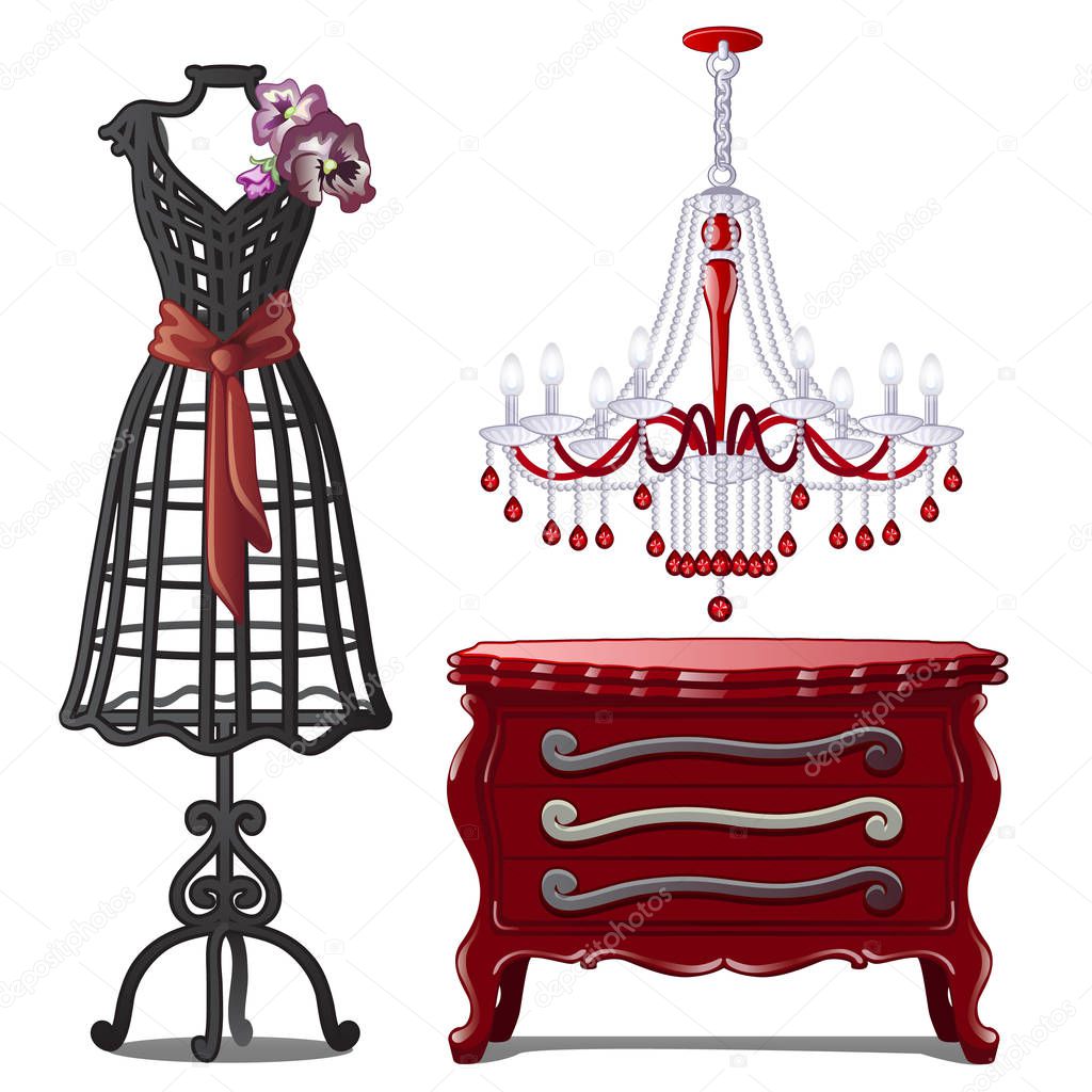 Set of floor hangers, chandeliers and chest of drawers. Collection of objects in classical style. Image in cartoon style. Vector illustration isolated on white background