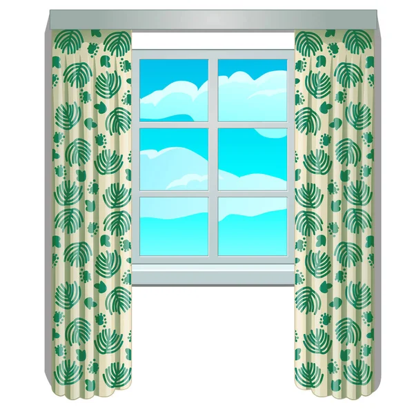 Ventana clásica y vista del cielo y las nubes en marco con cortinas beige con adorno floral. Elementos interiores del hogar. Imagen en estilo de dibujos animados. Ilustración vectorial aislada sobre fondo blanco — Vector de stock