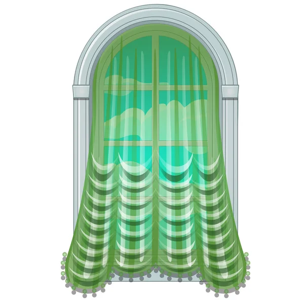 Gamla gammaldags fönster draperad med grön gardin. Antika glas med vacker utomhus utsikt över himmel och moln. Hem inredning element. Bild i tecknad stil. Vektorillustration isolerade på vit — Stock vektor