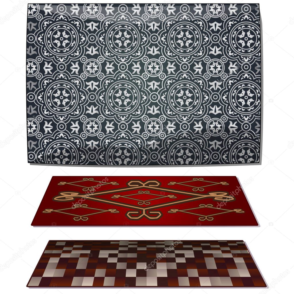Set of three carpets, gray and red. Home decorative elements in antique style. Image in cartoon style. Vector illustration isolated on white background