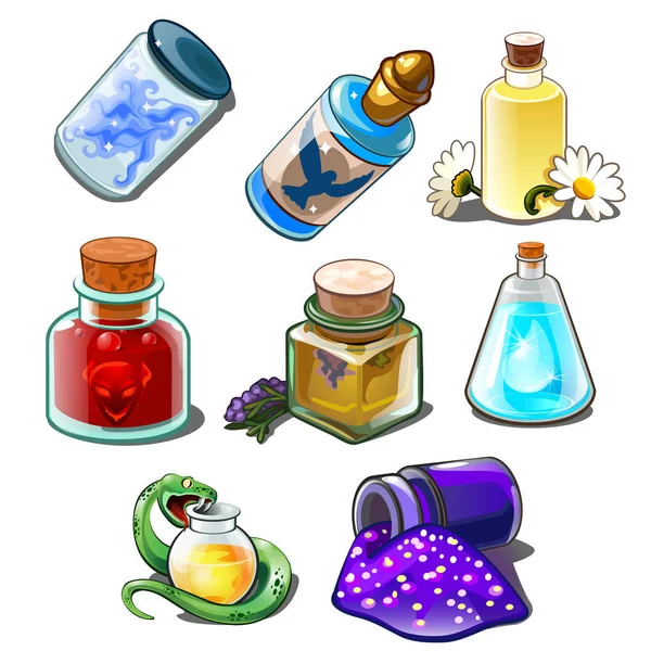 Set de botellas con líquidos, flores y serpiente — Vector de stock