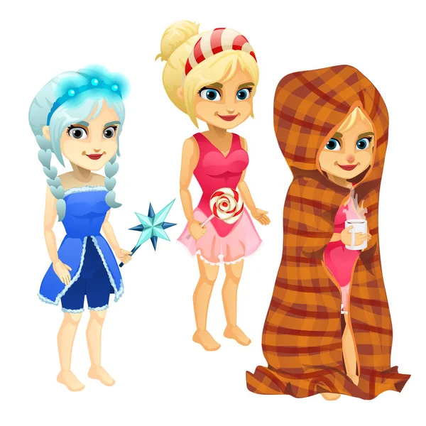 Set di ragazze in abito blu, rosa e scozzese. Diverse figure di fanciulle di neve in varie forme con bacchetta di ghiaccio, caramelle e cioccolata calda. Un personaggio dei cartoni. Illustrazione vettoriale isolata su sfondo bianco — Vettoriale Stock