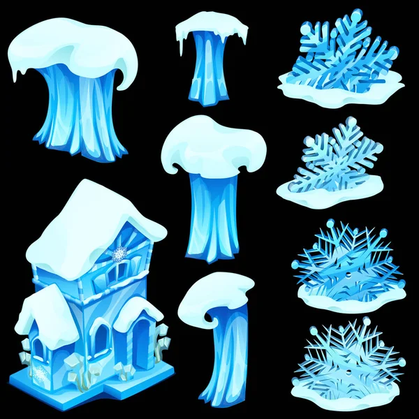 Set of ice figurines isolated on black background. Blue wave images at different stages, snowflakes and house. Vector illustration in cartoon style — Stock Vector