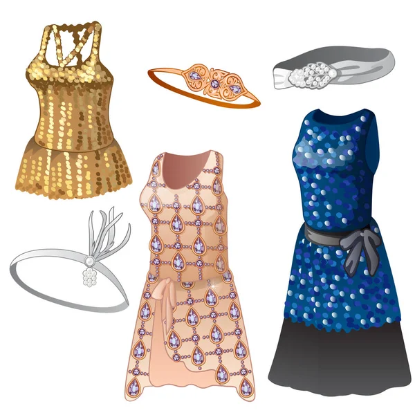 女性のドレスとベルトのセットです。異なる色、輝く女の子のための古典的な服のコレクション — ストックベクタ