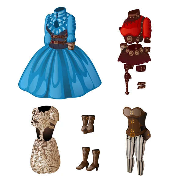 Conjunto de lingerie, vestidos e botas. Roupa de mulher clássica e roupa interior em tons azuis, vermelhos, brancos e marrons — Vetor de Stock