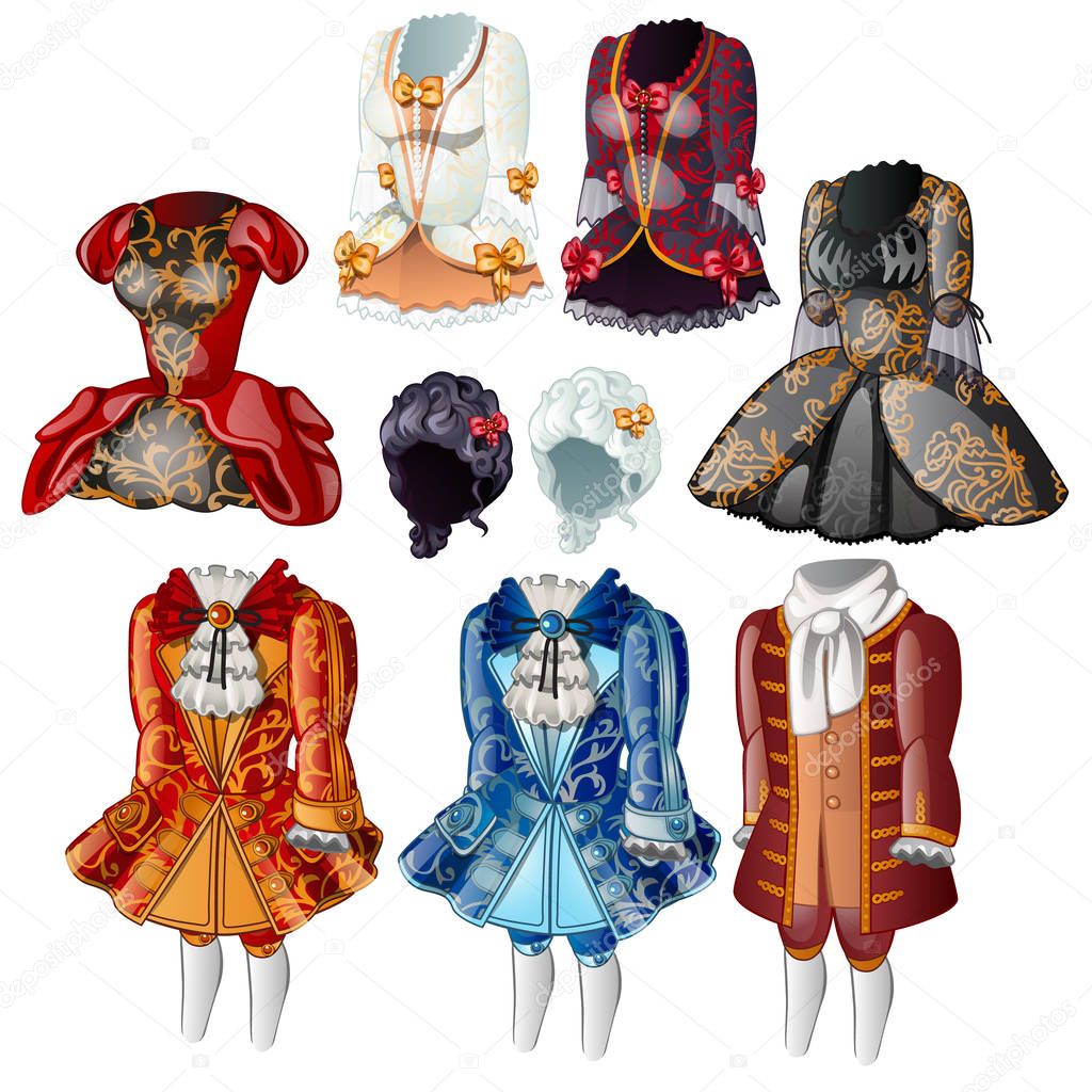 Conjunto de ropa clasica para gentlewomen y paginas. Coleccion de vestidos viejos segun etiqueta en la corte del rey Vector de stock por Anton Lunkov 190827926