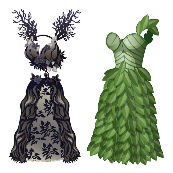 Zwei elegante Kleider in Form von Holz und Blättern zum umweltfreundlichen Thema. Kleiderschrank der Frau. Bild im Cartoon-Stil. Vektor-Illustration isoliert auf weißem Hintergrund — Stockvektor