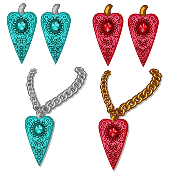 Uppsättning av hängen och örhängen, blå och röd. Eleganta smycken i form av pilar. Bild i tecknad stil. Vektorillustration isolerade på vit bakgrund — Stock vektor