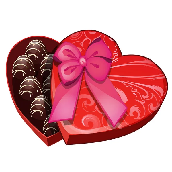 Csokoládé a szív alakú doboz. Romantikus édes ajándék Valentin-nap. Rajzfilm stílusú kép. Vektoros illusztráció elszigetelt fehér background — Stock Vector