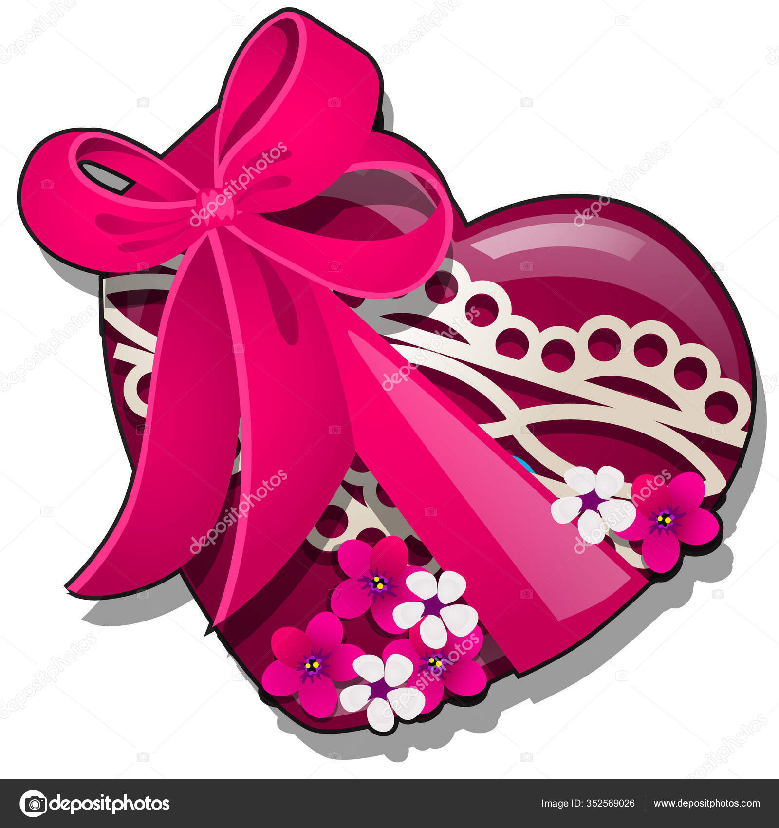 Forma de decoração de coração cor vermelha decorada com botões de flores  frescas com laço de fita rosa isolado no fundo branco. Desenhos animados  vetoriais ilustração close-up . Vetor de ©Anton_Lunkov 352569026, image size:1600x1700