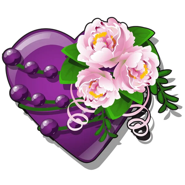 Forma de decoración de color púrpura corazón decorado con brotes de flores frescas peonía rosa y cinta rizada aislada sobre fondo blanco. ilustración de primer plano de dibujos animados vectoriales . Ilustración de stock