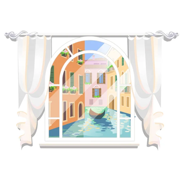 Малюнок плаката у стилі Венеції. Вигляд на річку з вікна з плавучим човном, ізольованим на білому тлі. Приклад для векторних карикатур. — стоковий вектор