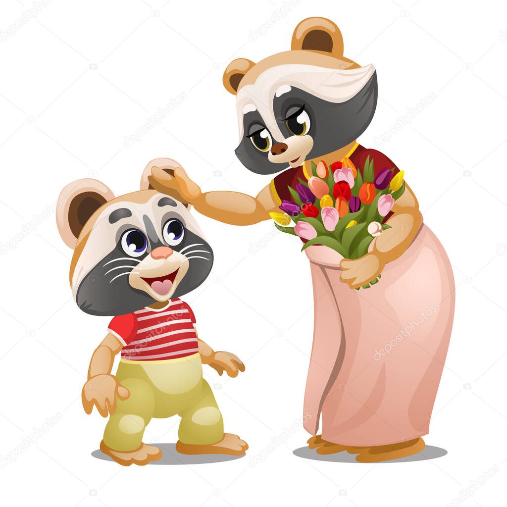 A little raccoon gave a bouquet of tulips to his mother isolated on a white background. The mother caresses the head of his son. Vector cartoon close-up illustration.