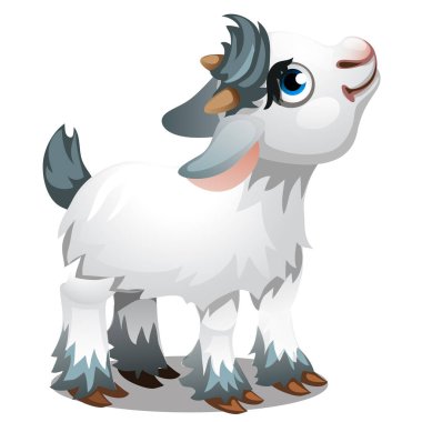 Beyaz bir arka planda izole edilmiş şirin, küçük bir keçi. Vektör karikatürü yakın çekim illüstrasyonu.