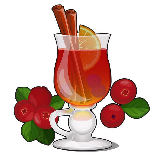 Glass transparent glass with cranberry drink with cinnamon and lemon isolated on a white background. Vector cartoon close-up illustration. — Stock Vector