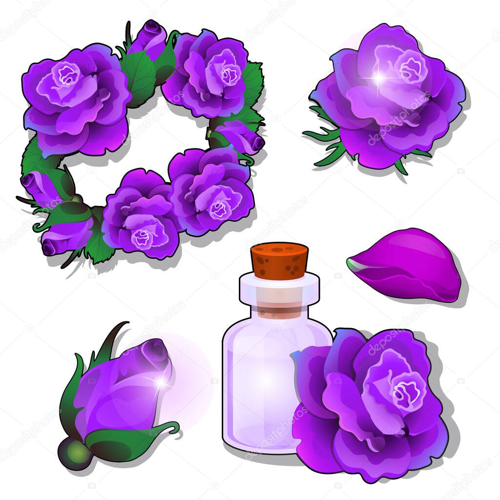 A set of items and cosmetics on the theme of roses isolated on a white background. Vector cartoon close-up illustration.