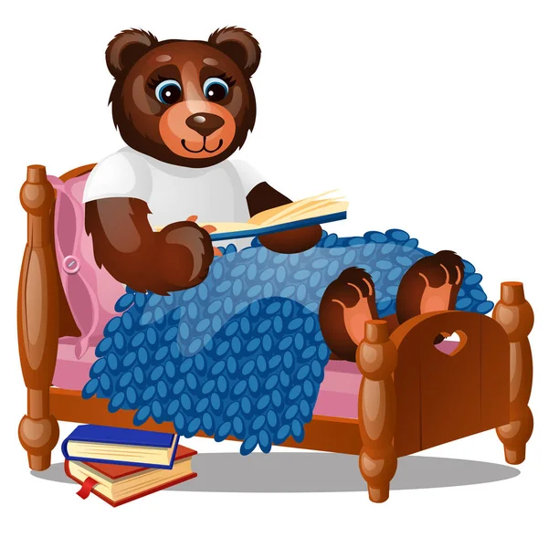Urso sorridente bonito sentado na cama lendo um livro isolado em um fundo branco. Desenhos animados vetoriais ilustração close-up . — Vetor de Stock