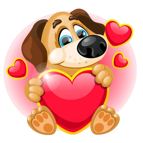 Χαριτωμένο σκυλί κρατώντας ένα κόκκινο χρώμα καρδιά απομονώνονται σε λευκό φόντο. Σκίτσο για αφίσα ή ευχετήρια κάρτα για την ημέρα του Αγίου Βαλεντίνου. Εικονογράφηση σχεδίασης διανυσματικών κινουμένων σχεδίων. — Διανυσματικό Αρχείο